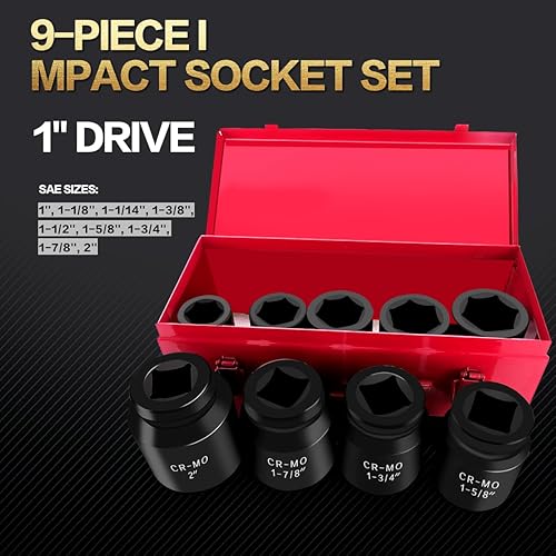 Miniatura 2 de Juego de llaves de impacto profundo de 1 pulgada, 9 piezas, 6 puntos, tamaños SAE (1", 1-18", 1-114", 1-38", 1-12", 1-58", 1-34", 1-78", 2"), acero
