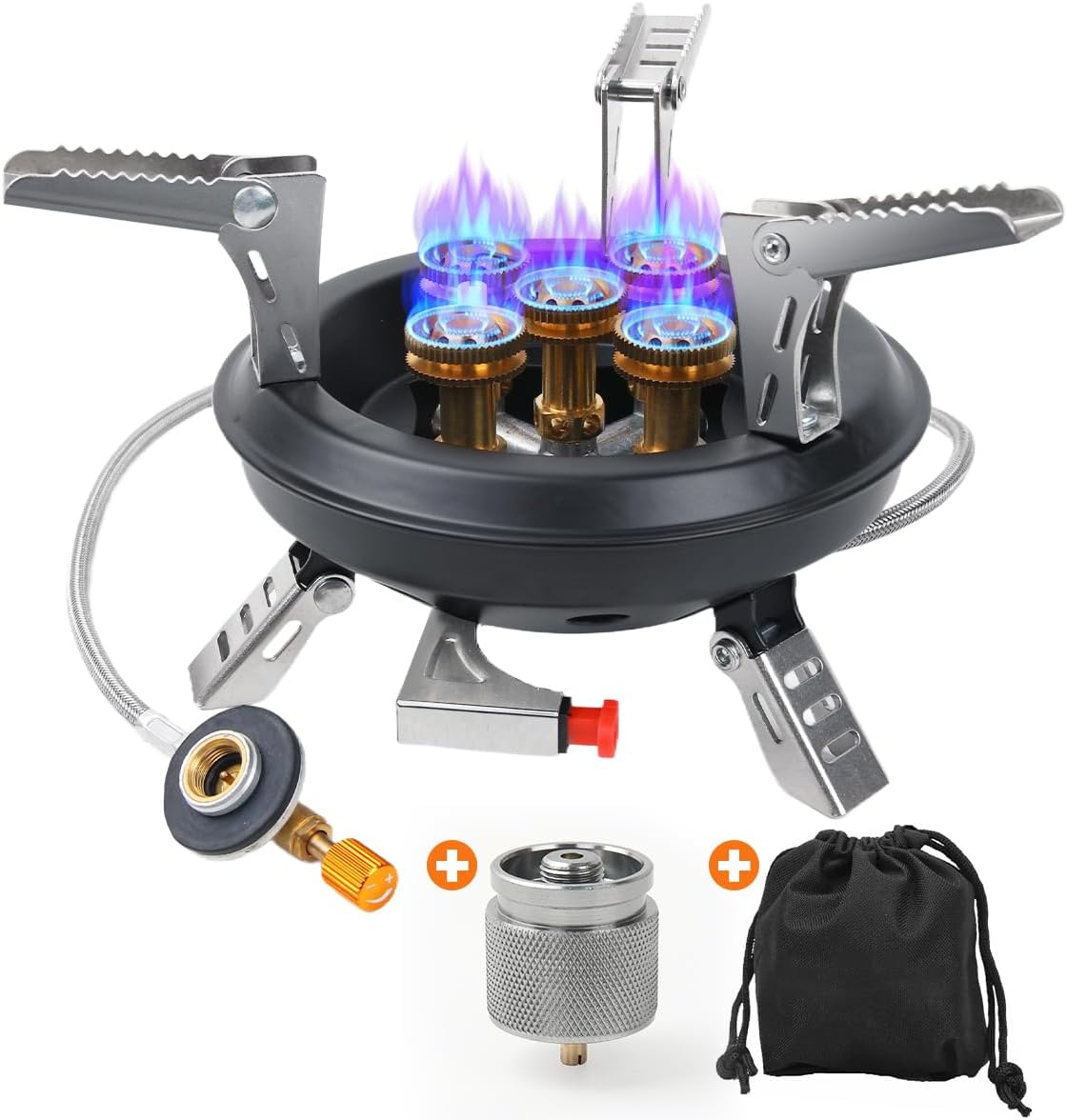 Portable Camping Stove with Propane Adapter - GEEKHOM 16000W Windproof Gas Stove Foldable Backpacking Stove, Piezo Ignition & Stable Pot Support for Outdoor Cooking Hiking