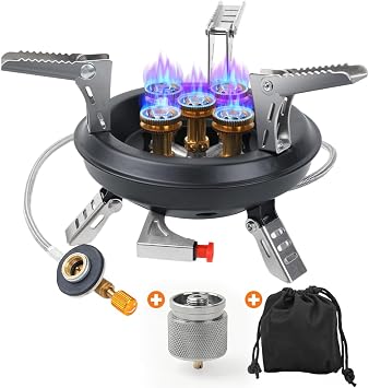 Portable Camping Stove with Propane Adapter - GEEKHOM 16000W Windproof Gas Stove Foldable Backpacking Stove, Piezo Ignition & Stable Pot Support for Outdoor Cooking Hiking