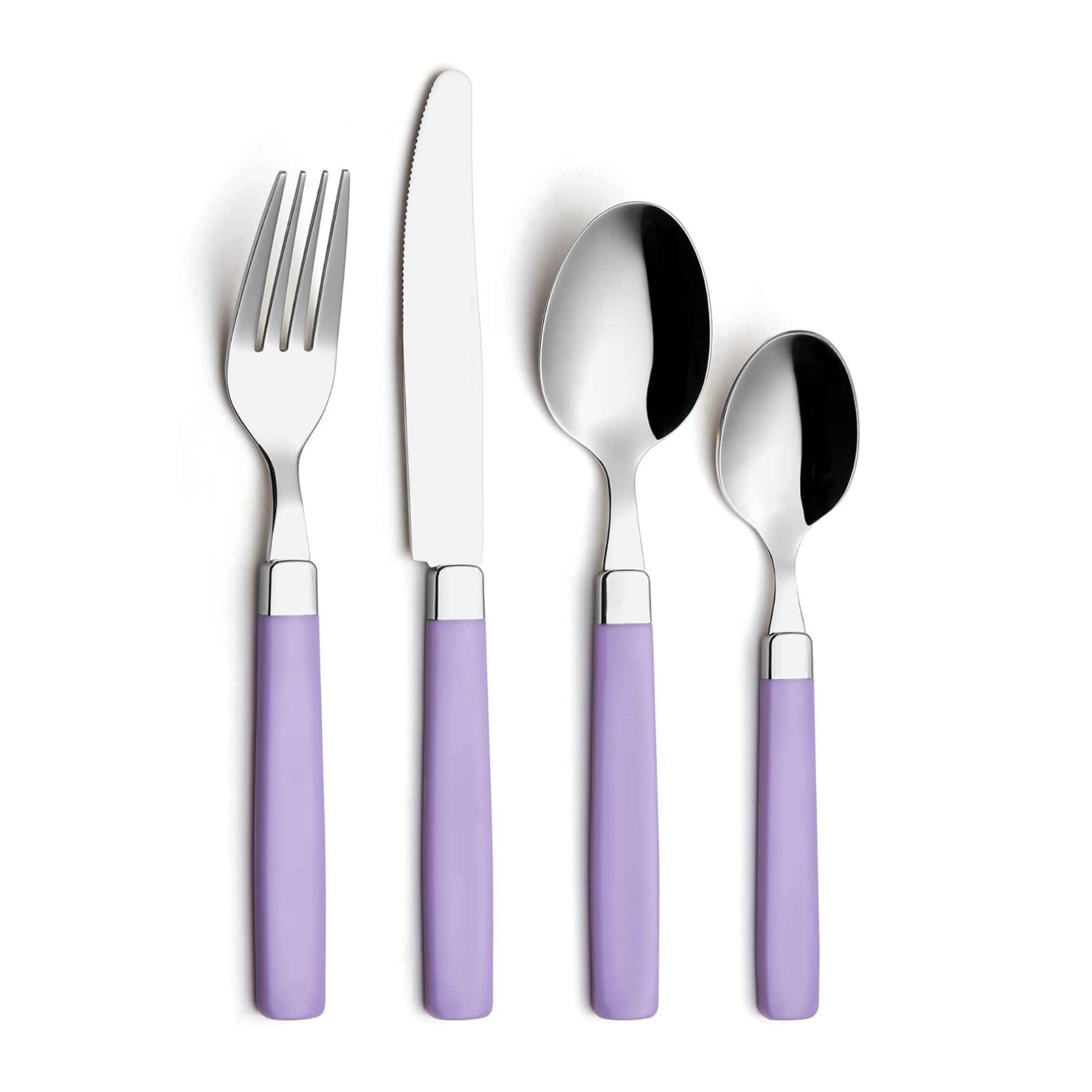 EXZACT Juego de cubiertos de acero inoxidable, 16 piezas, asas de colores, 4 tenedores, 4 cuchillos, 4 cucharas de mesa, 4 cucharas de té