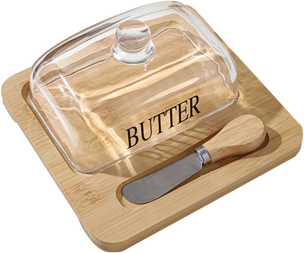 Butter Dish with Glass Cover and Wooden Tray Butter Storage Box with Cutter Knife Cheese Container for Home Kitchen Refrigerator Nordic Style for Dining and Serving