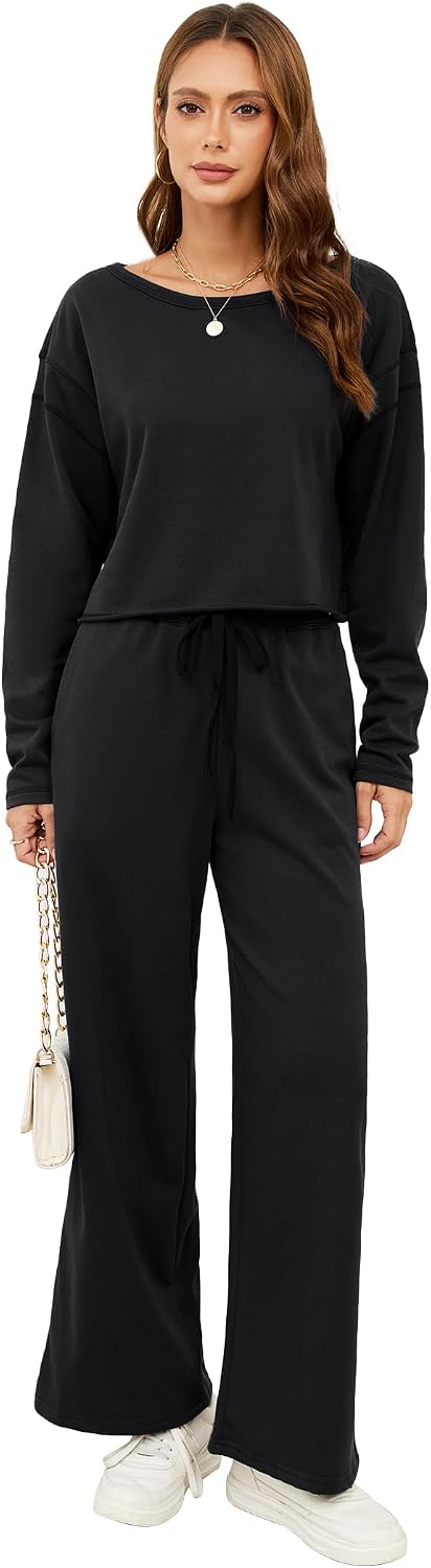 Women's Cozy 2 Piece Outfits Lounge Sets Long Sleeve Open Back Workout Sweatshirt Tops Wide Leg Sweatpants TrackSuits