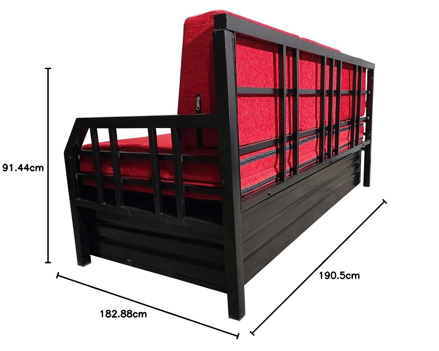 Stylish King Size Matte Black Metal Sofa Cum Bed with Hydraulic Storage – 3 Seater, Red Finish (6X6) Stylish King Size Matte Black Metal Sofa Cum Bed with Hydraulic Storage – 3 Seater, Red Finish (6X6)