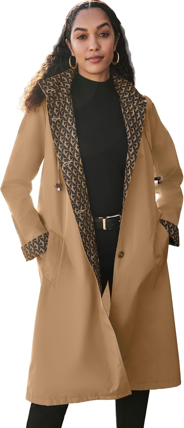 Jessica London Women's Plus Size Water Resistant Contrast Raincoat w/Detachable Hood
