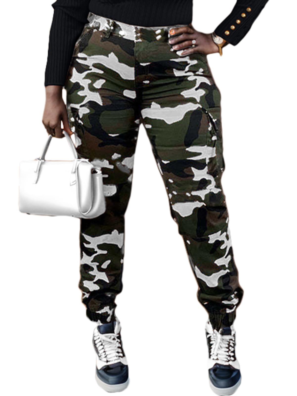 Famnbro Women Camo Pants Camouflage Cargo Pants Ankle Cuffed Army Fatigue Joggers Streetwear