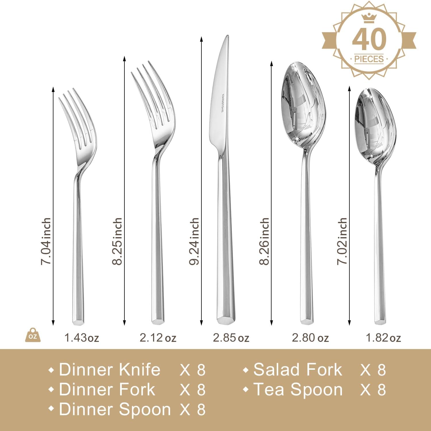 KINGSTONE 40-Piece Silverware Set, 18/10 Stainless Steel Flatware Cutlery Set with Hexagon Handle, for Hotel, Home, Party, Wedding Gift, Mirror Polish and Dishwasher Safe