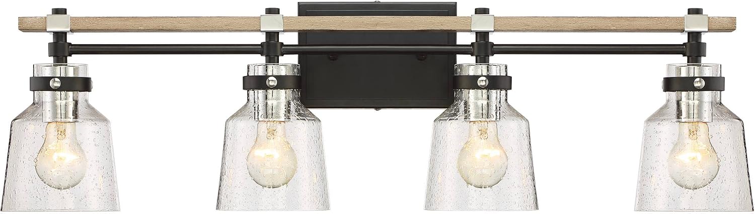 Possini Euro Design Broadway Modern Industrial Wall Light Black Painted Faux Wood Hardwired 32" 4-Light Fixture Clear Seedy Glass Shade for Cottage Core Bedroom Bedside Bathroom Vanity Living Room