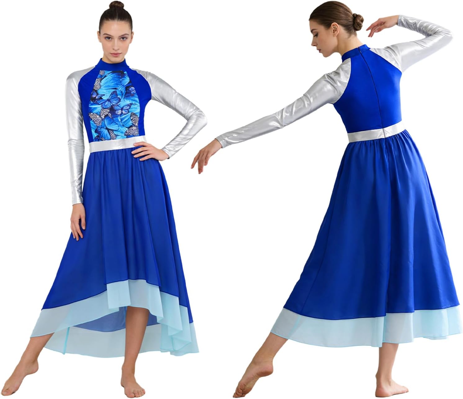 Women Liturgical Praise Dance Dresses Long Sleeve Church Worship Dancewear Printed Color Block Stage Costume