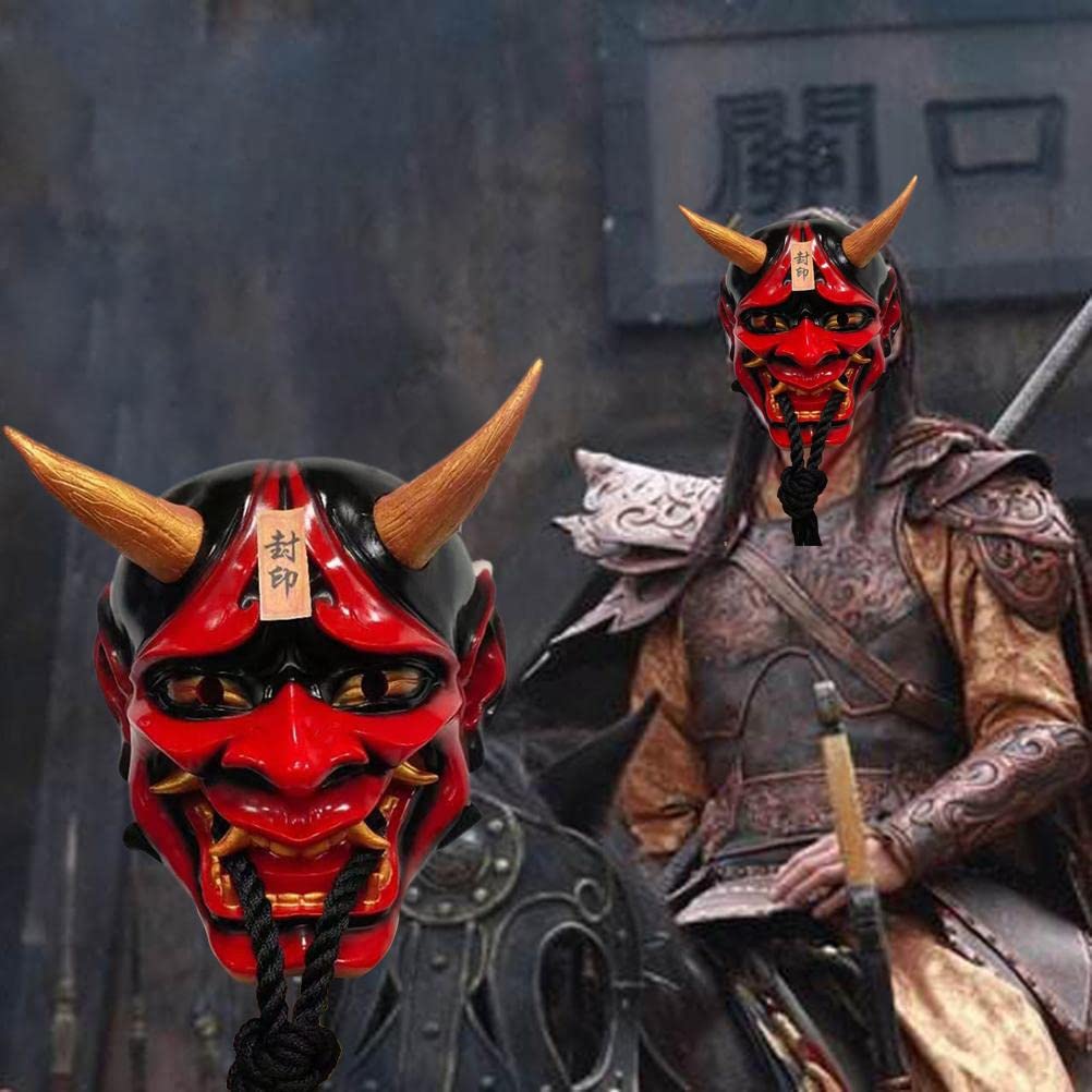 SHARRA Prajna - Máscara Japonesa de Demonio Hannya Oni Samurai Kabuki de Látex con Cordón para Disfraz de Carnaval, Halloween y Fantasmas