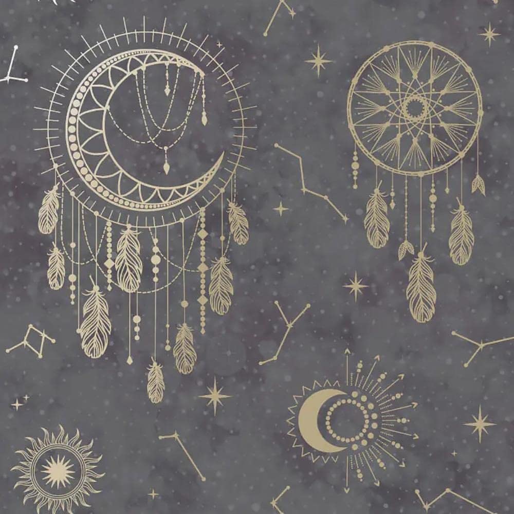K Collection Dreamcatcher Black Gold Wallpaper - Metallic Stars Constellation Space Feathers Kids Bedroom Nursery Modern (13330)