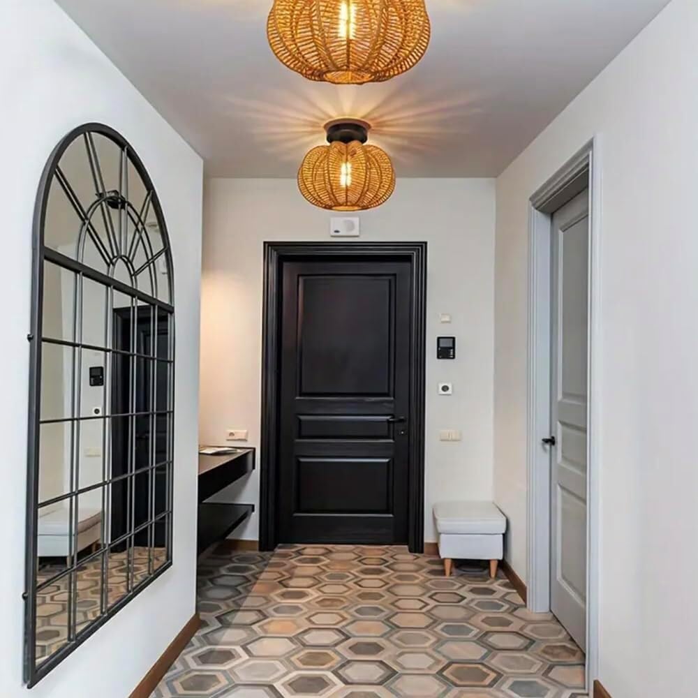 Pumpkin Natural Rattan Ceiling Light Fixtures Rustic Woven Basket Flush Mount Ceiling Lamp Handmade Wicker Ceiling Lamp Rattan Chandelier for Kitchen Island Hallway Living Room Bedroom