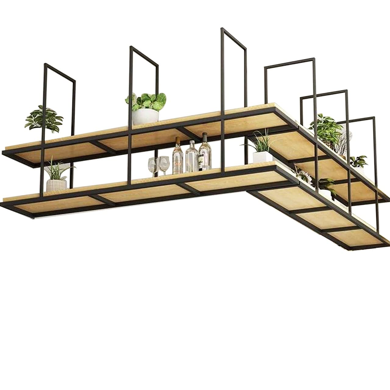 Console multimédia suspendue en bois massif et métal noir 2 niveaux