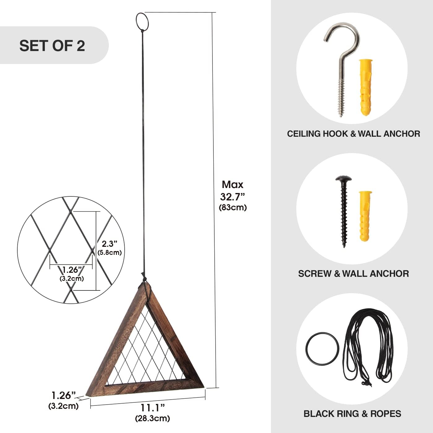 J JACKCUBE DESIGN Air Plant Triangle Frame Hanging Airplant Holder, Rustic Wood Tillandsia, Succulent Plants Display Hanger Shelf for Wall Décor, Set of 2- MK1061A