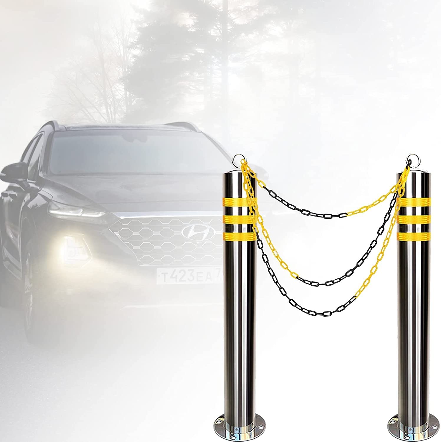 WDSOPK Heavy Duty Security Parking Bollard Post 2PCS Driveway Chain Barrier with Expansion Bolts,Parking Blocks,Stainless Steel Security Pole with Chain for Parking Space,Block （76x800mm）