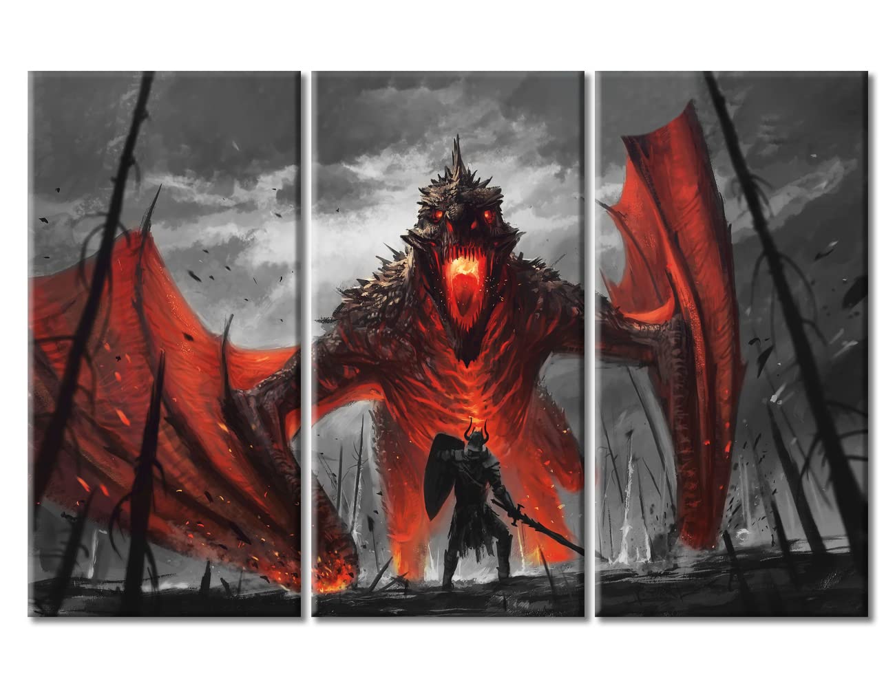 TUMOVO Canvas Wall Art Ready to Hang Knight Fights The Dragon Poster Black Background Canvas Painting for Wall Decorations 3 Panels Canvas Artwork Wall Decor Art Prints Modern Wall Art, 42x28 Inch