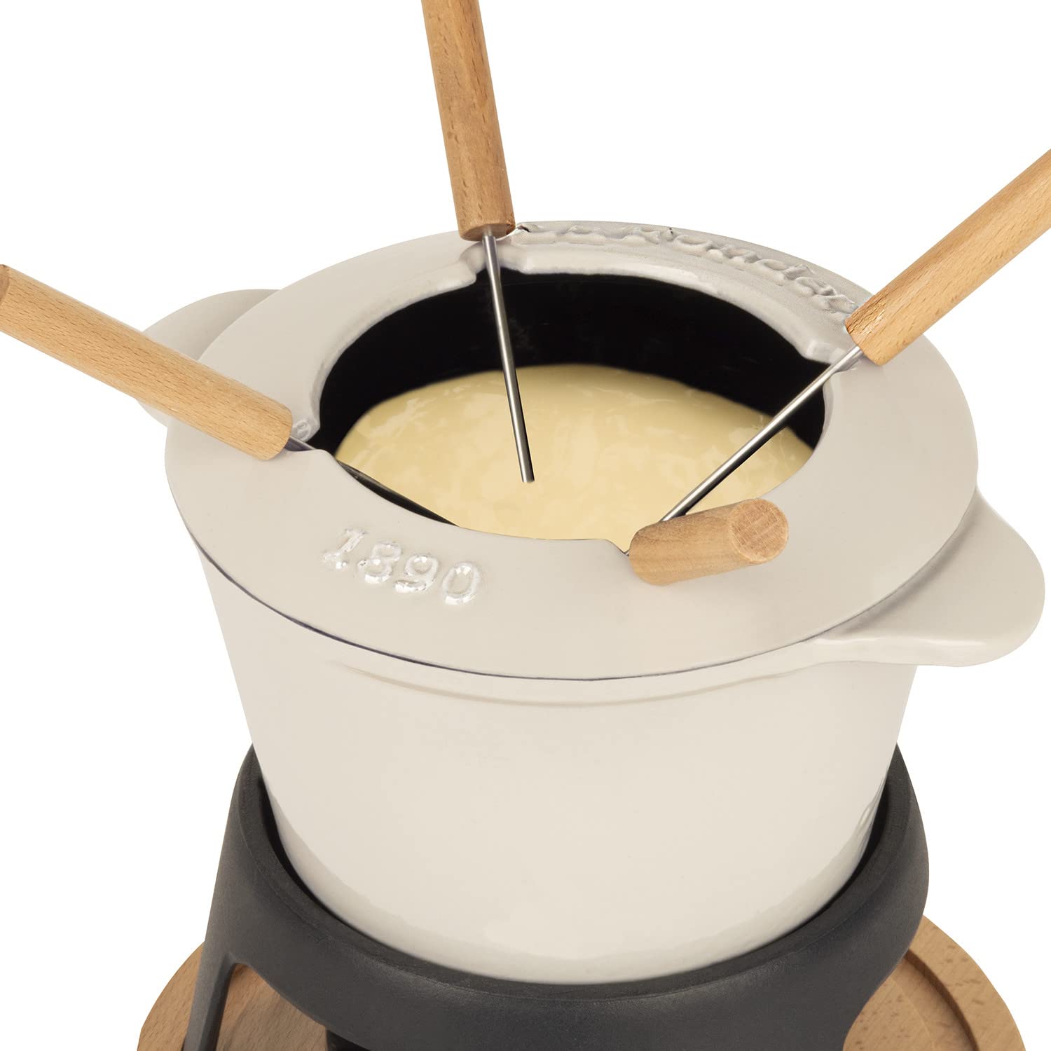 Set per fonduta in ghisa per 4 Persone Mont Joly, per fondute di Formaggio e Cioccolato, Coperchio antischizzi, 4 forchette con Manici in Legno di faggio, capacità 1,2 L, Beige