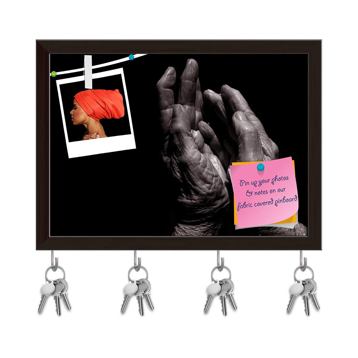 ArtzFolio Older Lady's Hands Bulletin Notice Pin Board | Vision Soft Board | Inbuilt Key Holder Hooks | Dark Brown Frame 10.9 x 8 inch (28 x 20 cms)