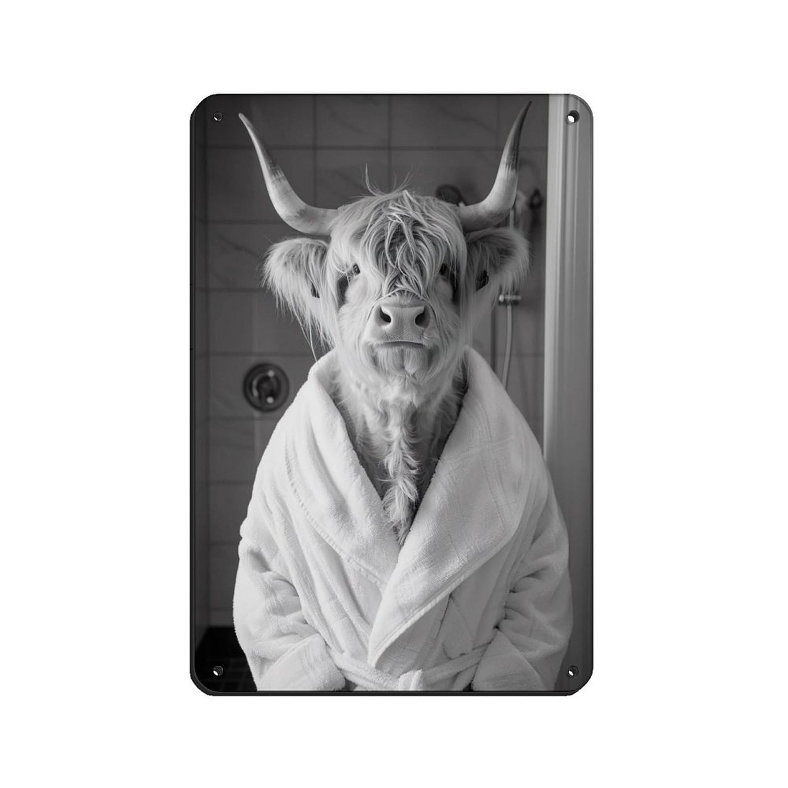 Highland Cow in A Bathrobe, Funny Bathroom Art (3) Retro Poster Metal Tin Sign Chic Art Retro Iron Painting Bar People Cave Cafe Family Garage Poster Wall Decoration 8x12inch(20x30cm)