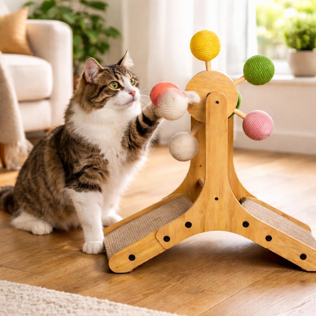 Cat Scratching Toy with Sisal Ball Interactive Wooden Cat Scratcher Balance Wheel – Natural Sisal Scratch Toy for Cats & Kittens – Durable Solid Wood Indoor Furniture Protection
