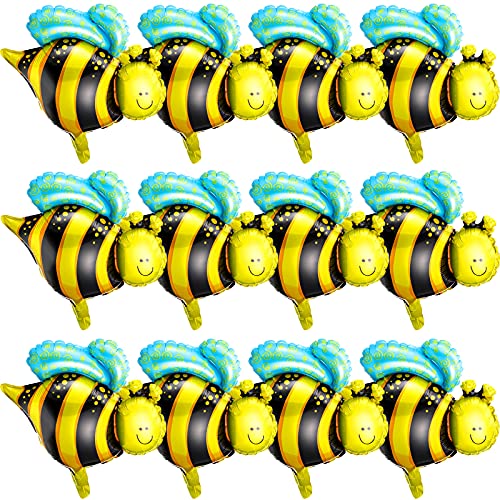 12 Pieces Spring Day Theme Party Bee Balloon Aluminum Foil Bee Balloon Bee Shaped Foil Mylar Balloon Yellow and Black Bee Balloon for Wedding Birthday Baby Shower Party Decorations Supplies