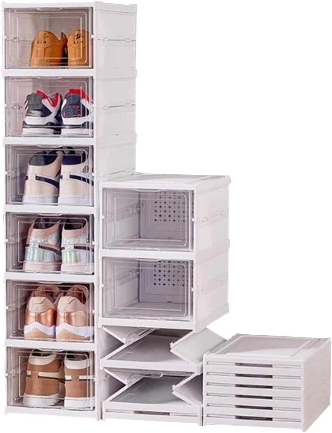 Foldable Shoe Rack,No Assembly Stackable Shoe Storage Box with Doors,Free Standing Plastic Space Saving Shoe Cabinet Bins Dustproof,Folding Shoe Box Organizers (6 Tier-6 Pairs White)