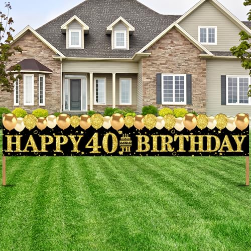 Image of Kuxriox Happy 40th Birthday Decoration for Men Women, Large 40th Birthday Banner Backdrop, Black Gold 40 Year Old Birthday Sign Party Supplies(9.8x1.6ft)