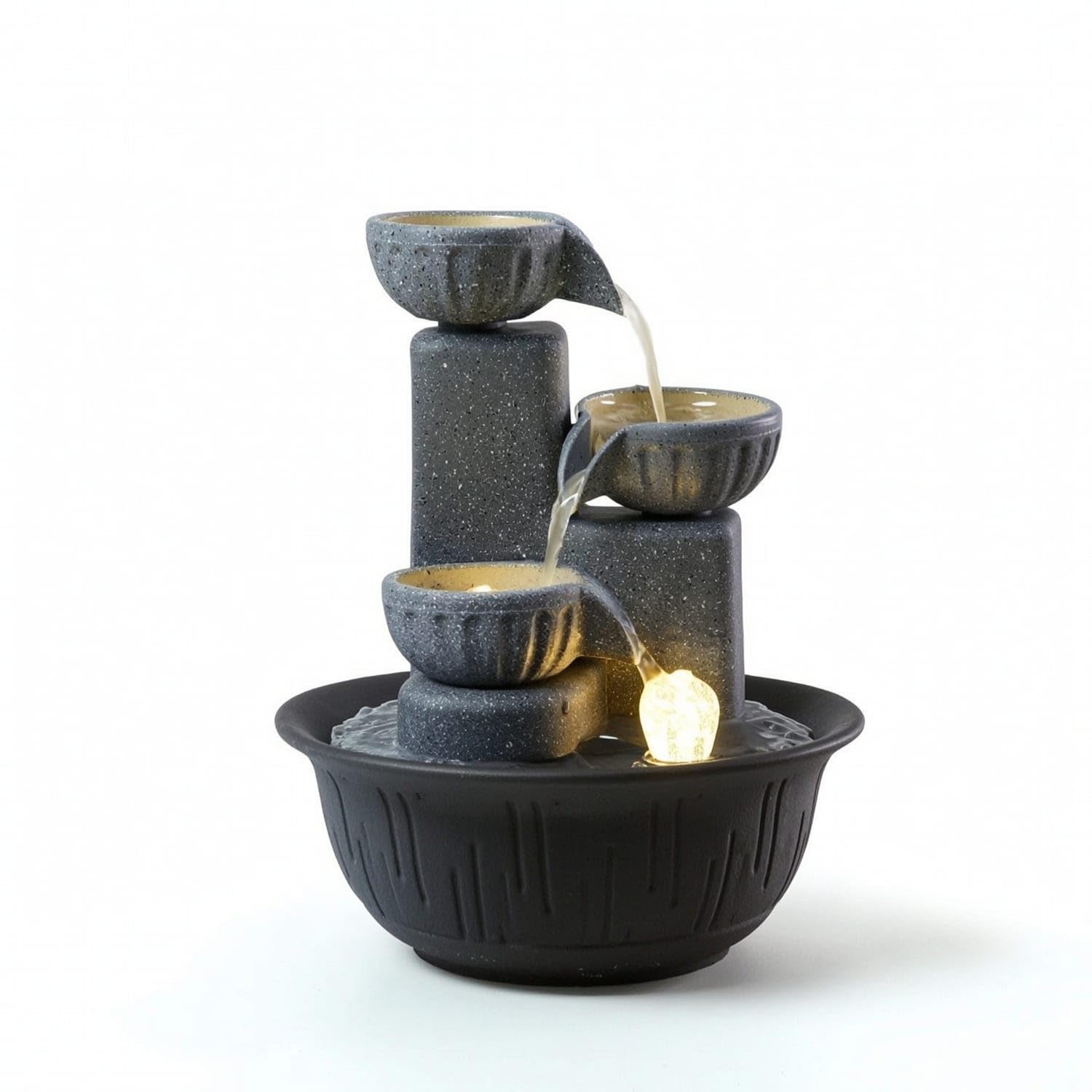 USB-Powered 3-Tier Desktop Fountain Compact Tabletop Water Fountain with Light Illuminated Soothing for Desk, Office, Tea Table, Gray, USB Pump-image-29
