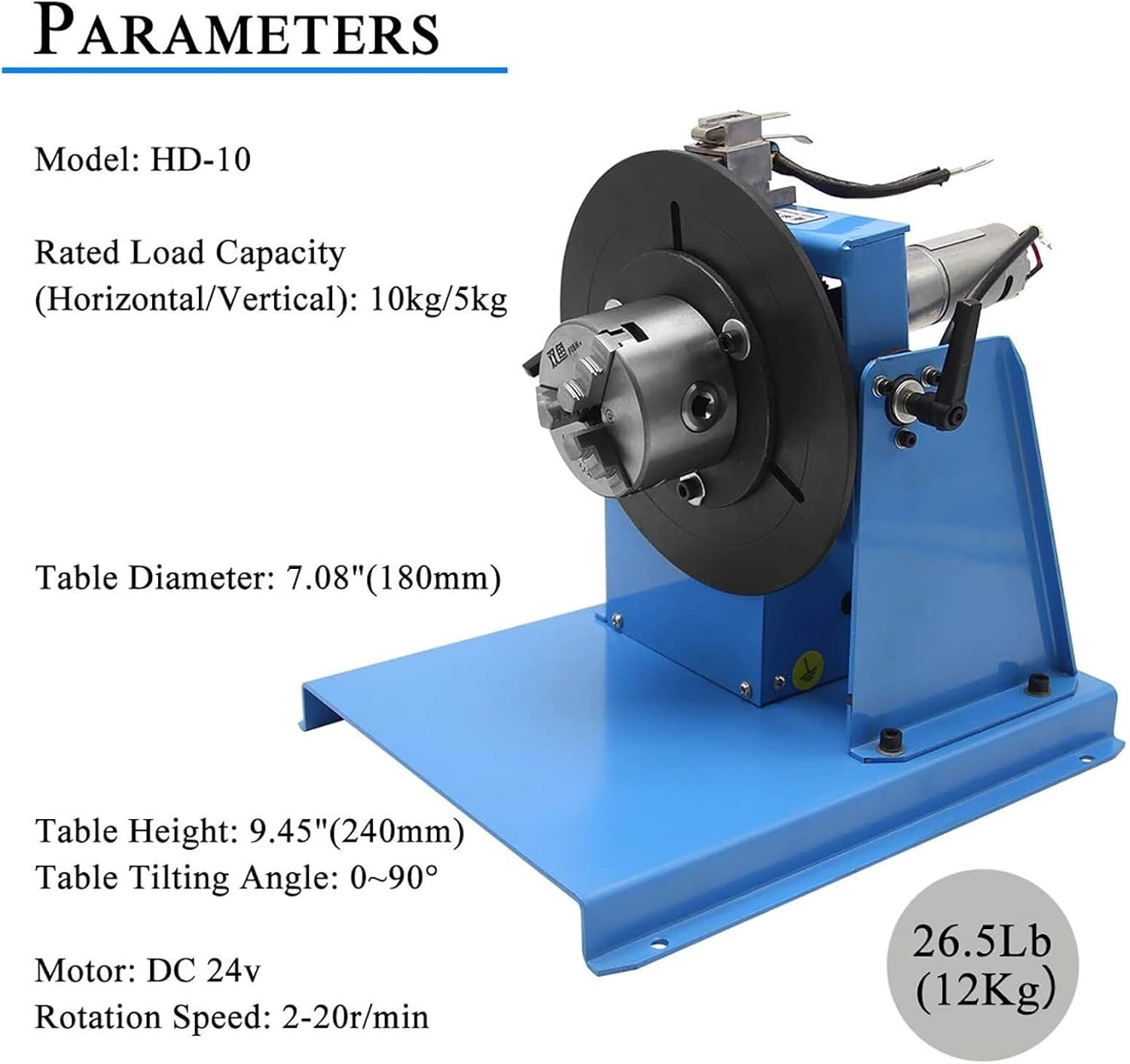 Welding Rotary Table Welding Machine Positioner with 65mm Chuck (10KG) Rotary Welding Positioner 180mm Welding Rotary Table 0-90o for Cutting, Grinding, Assembly