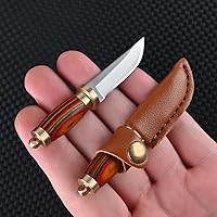 Vista 6 de Nuevo cuchillo de hoja fija ultra pequeño, hoja de acero inoxidable 5Cr de 1.6 pulgadas con latón + mango de madera de colores, mini cuchillo