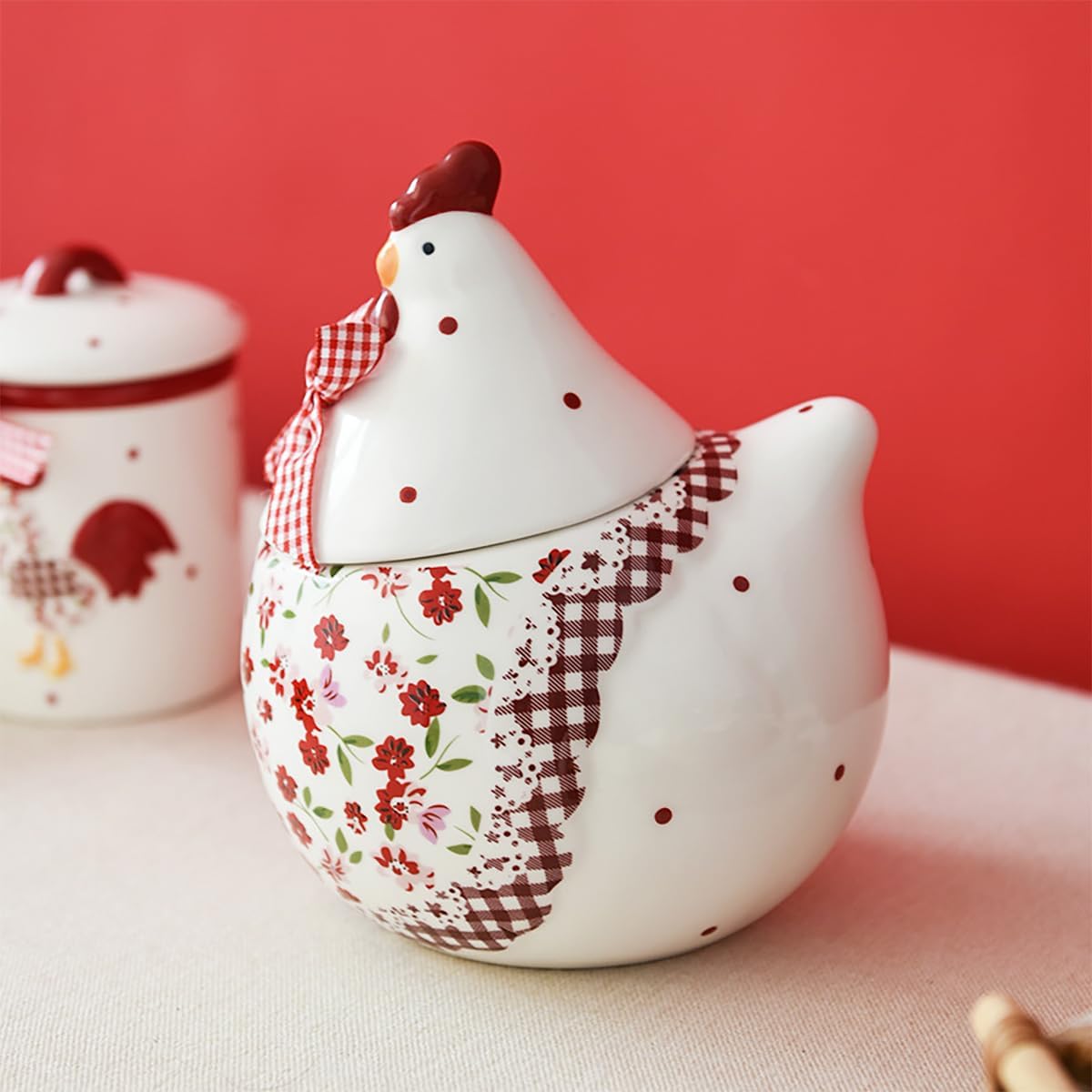 Rural Chicken and Flower Pattern Ceramic Easter Sugar Canister Rooster Hen Cookie Jar Ceramic Storage Jar Food Storage Can with Airtight Lid-Red-35 OZ
