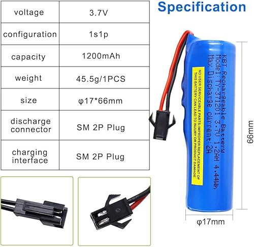 Miniatura 3 de KBT - Paquete de 2 baterías recargables de iones de litio de 3.7 voltios 1200 mAh para automóvil RC, enchufe SM de 2 pines, baterías de iones de