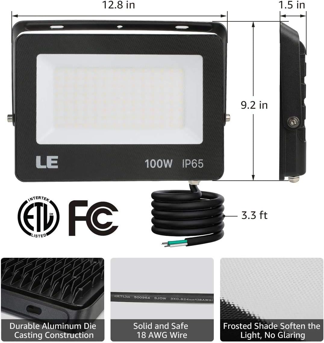 LE 100W Outdoor LED Flood Light 10000lm Outside Floodlight Fixture, 5000K Daylight White Security Lighting