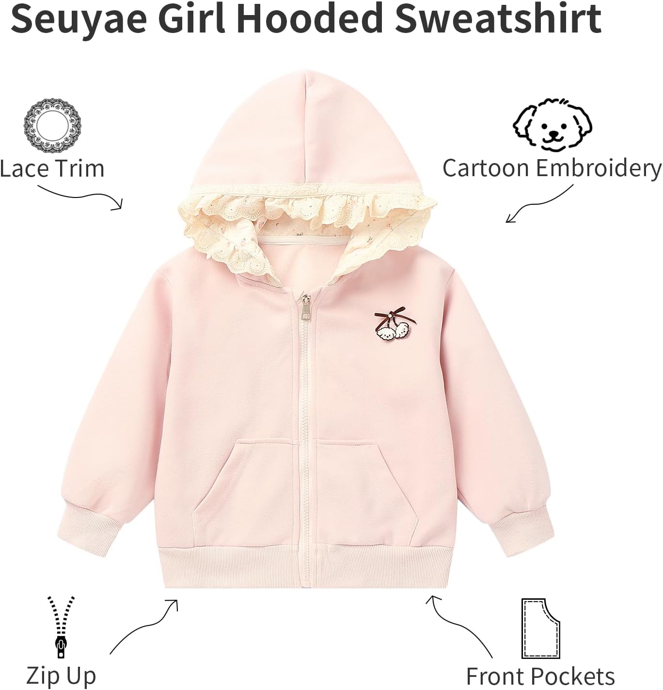 Girls Zip Up Hoodie Lace Trim Cartoon Embroidery Hooded Sweatshirt with Pockets 2-6Y