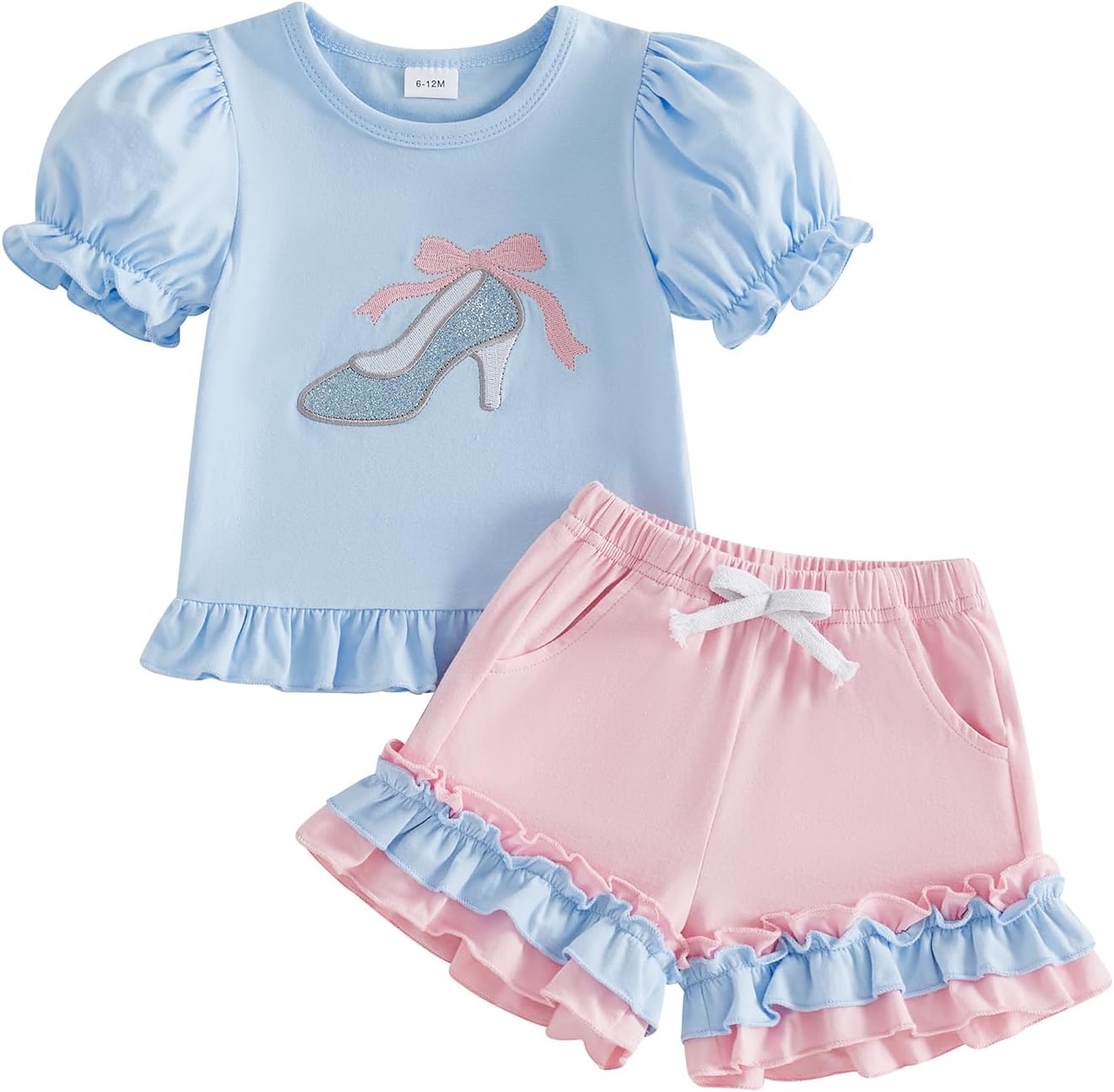 Toddler Baby Girl Summer Outfit Princess Car Embroidered Ruffled Puff Sleeve Tops Shorts Set 2Pcs Infant Clothes