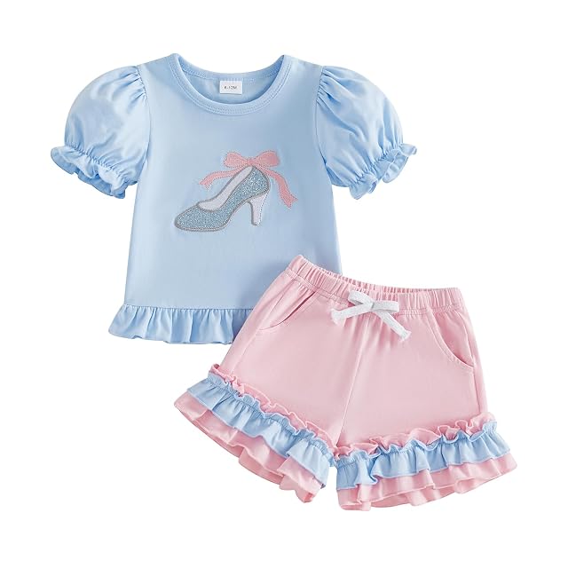 Toddler Baby Girl Summer Outfit Princess Car Embroidered Ruffled Puff Sleeve Tops Shorts Set 2Pcs Infant Clothes