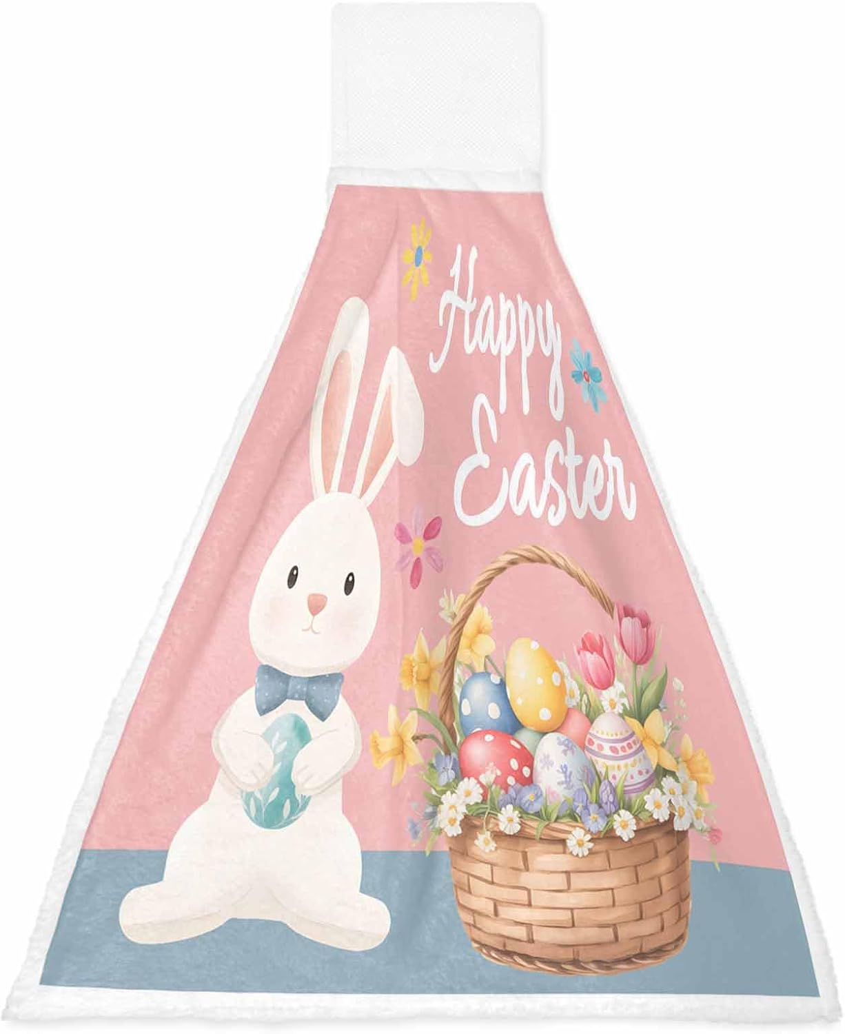 Happy Easter Kitchen Hand Towels with Hanging Loops Set of 2 Cute Bunny Colorful Eggs Spring Flowers Green Soft Thick Oven Fingertip Dry Microfiber Tie Dish Towel Absorbent Cleaning Washcloth