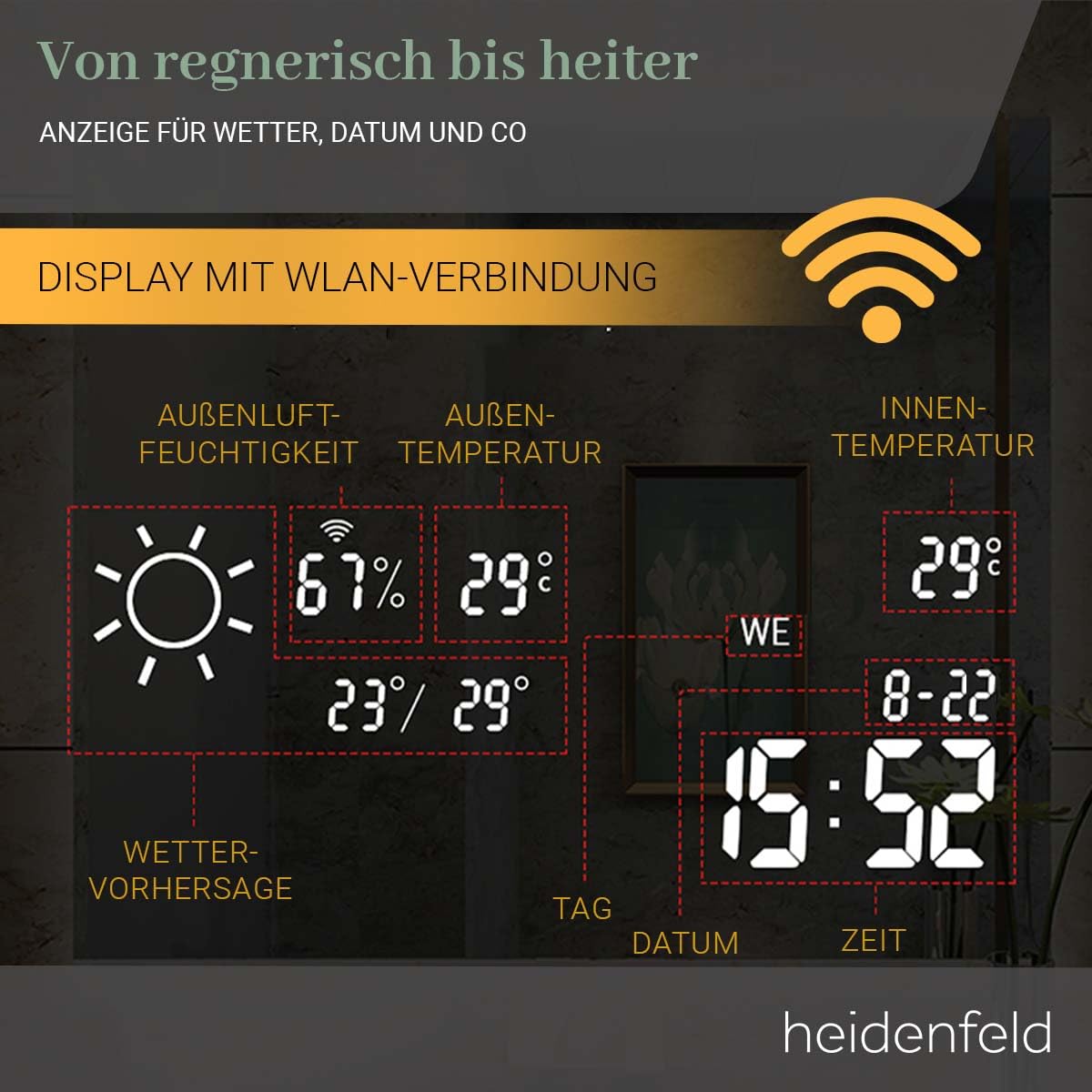 Heidenfeld Spiegel Infrarotheizung | HF-HS200 mit Touchpanel - 𝟭𝟬 𝐉𝐀𝐇𝐑𝐄 𝐆𝐀𝐑𝐀𝐍𝐓𝐈𝐄 - 200 Watt - 60 x 60 cm - WiFi Badspiegel - Badezimmerspiegel - Infrarot Heizung Spiegel - Wandheizung