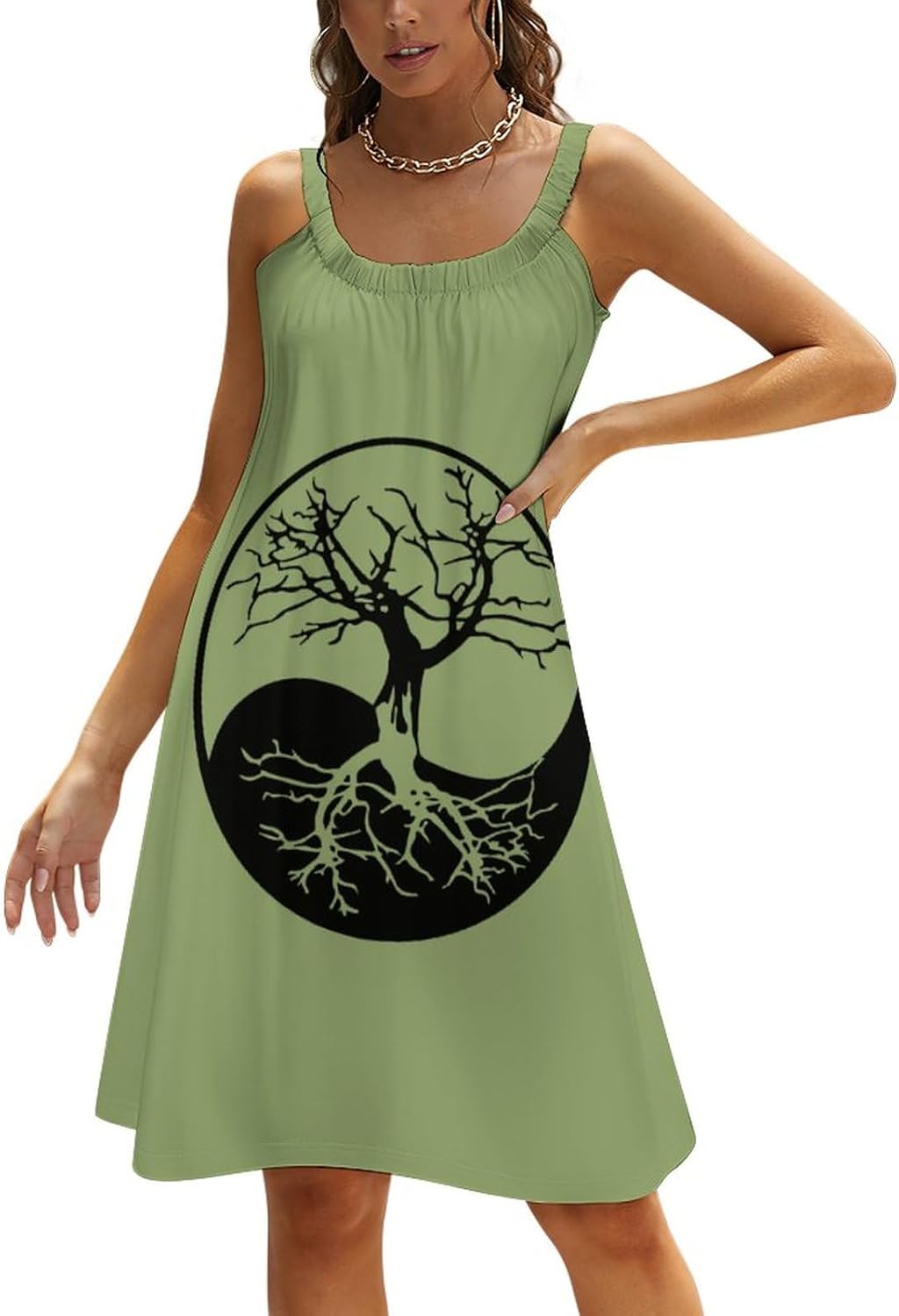 Tree of Life Ying Yang Women's Summer Sling Dress Sleeveless Sexy Mini