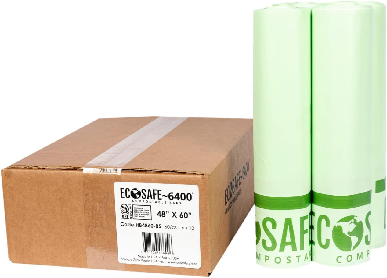 EcoSafe-6400 HB4860-85 Certified Compostable Bag - 48x60” Green Bags for 64 Gallon Bin - Extra Strong Leak, Puncture and Tear Resistant Food Scraps Bin Liners, Pack of 60