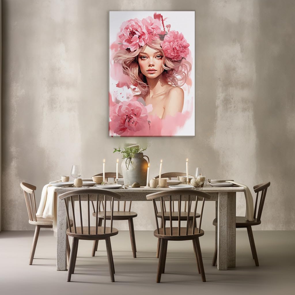 Canvas for Living Room. Enigmatic Elegance: A Dreamy Portrait of a Crowned Muse in Bloom, 27 x 18 inch Canvas Wall Art - Contemporary Masterpieces - Inspirational Office Decor