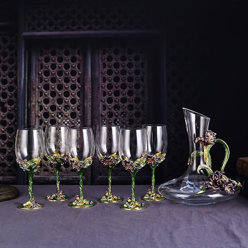 クリスタルガラス ワイングラスセット、デキャンタ付き、手描き琺瑯彩装飾、容量350ml/1500ml、高さ21cm/24cm (緑色, 3.一壺6杯セット)