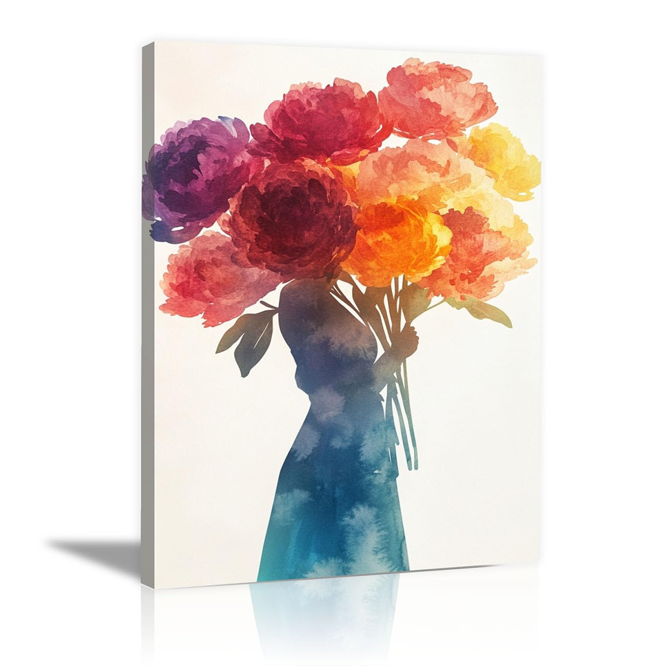 QUSAAOU Fashion Canvas Wall Woman Silhouette with Colorful Peonies Watercolor Living Room Bedroom African American Woman Wall Decor Art Wall For Home Afro Woman Poster And Prints -20x30cm Framed
