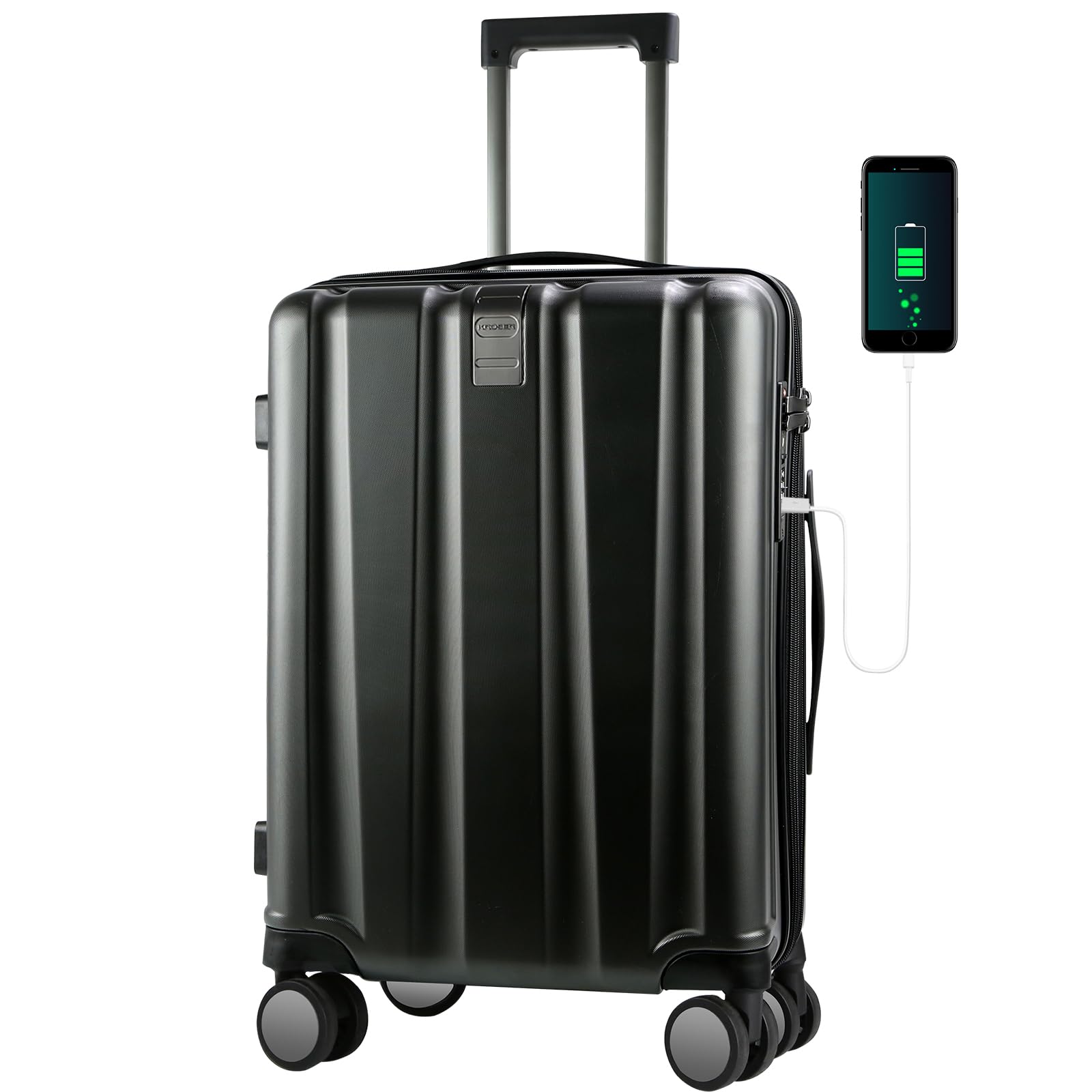 KROSER Hardside Expandable Carry On Luggage with Spinner Wheels & Built-in TSA Lock, Durable Suitcase Rolling Luggage with USB Port, Carry-On 20-Inch, Black