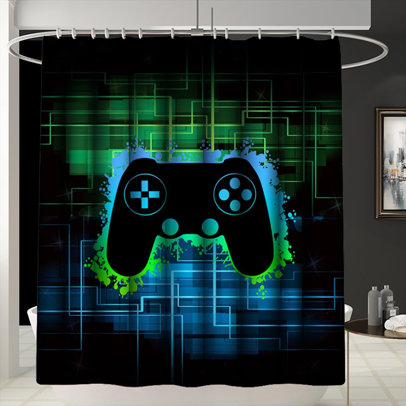 BATATADOCE 4 Pcs Gamepad Controller Shower Curtain - Game Shower Curtain Set Video Gamepad Bathroom Set with Rug,Toilet Cover,U Shaped Mat and 12 Hooks,70 X 70
