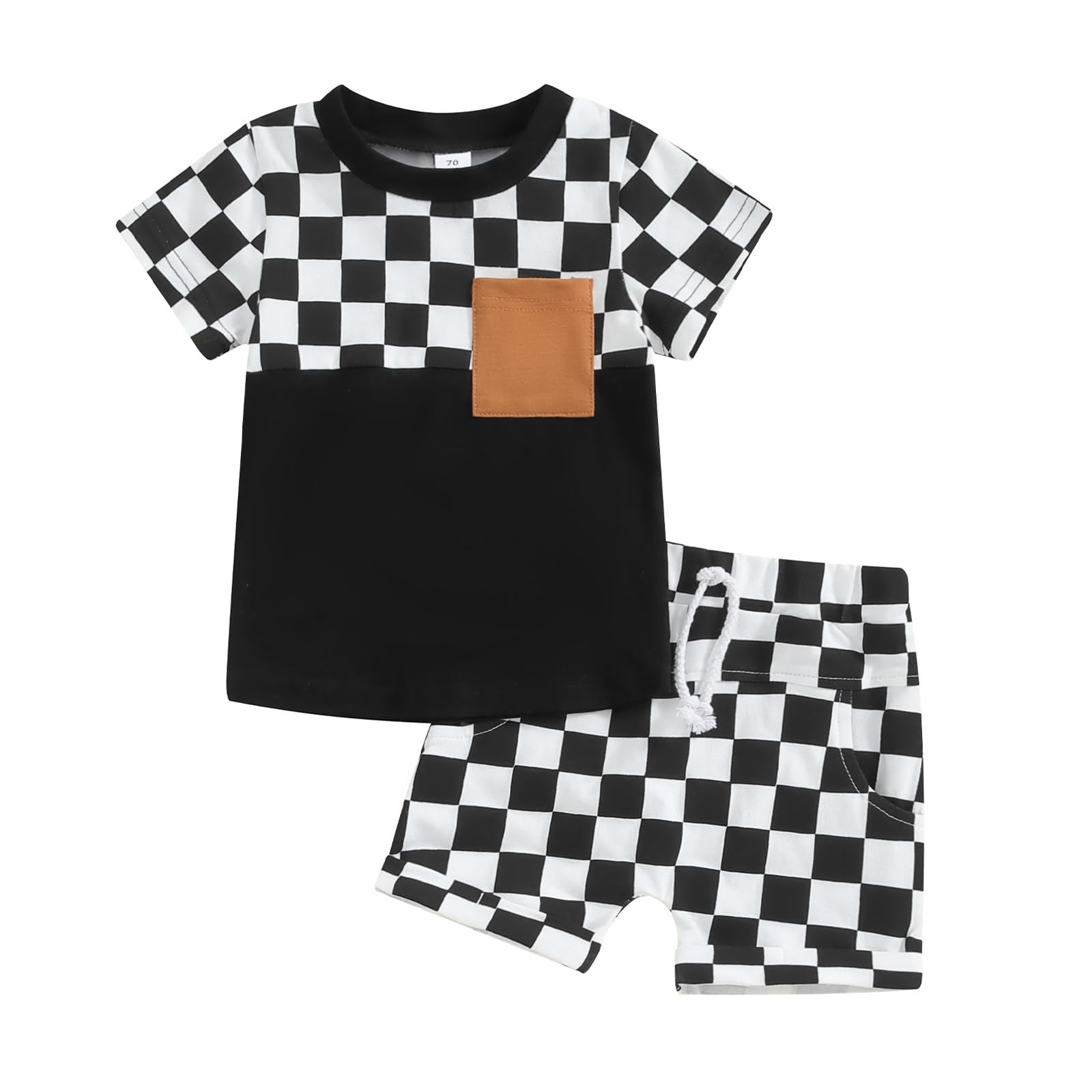 Toddler Baby Boy Girl Checkerboard Clothes Block Color Casual T-Shirt Top Plaid Jogger Shorts 2Pcs Summer Outfits (Black White, 12-18 Months)