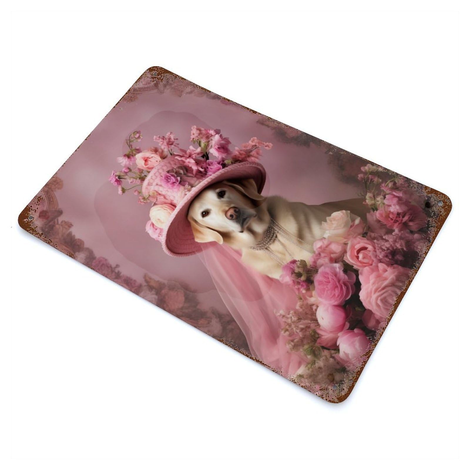 Pink Labrador Lady Vintage Wall Sign 11.8"x7.9", Rust Effect Metal Decor for Cafe, Home Bar And Lounge Decor