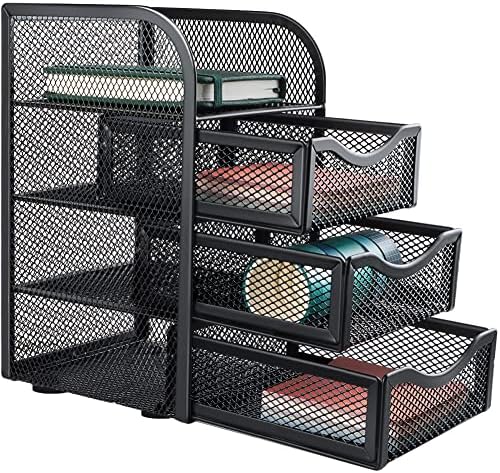 grwanpen Mesh Desk Supplies Organizer with 3 Drawer Office Desktop Organizers and Accessories Stationery Caddy,Black