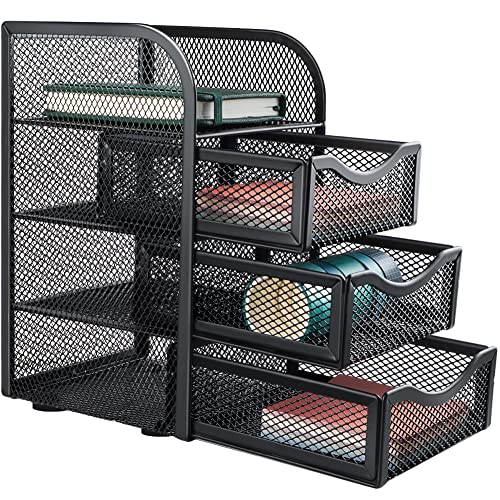 Grwanpen Mesh Desk Supplies Organizer With 3 Drawer Office Desktop Organizers And Accessories Stationery Caddy,Black #TOP1