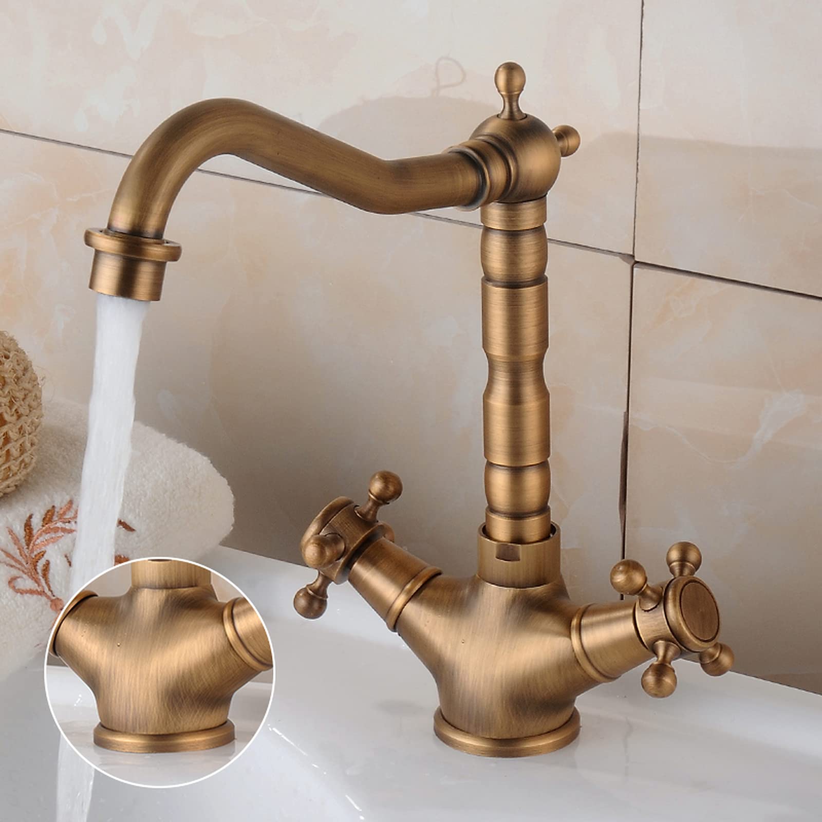 ZYCHSJXA Antique Bronze Bath Sink Faucets Dual Handle Single Hole Hot Cold Water Mixer Crane Kitchen Faucet