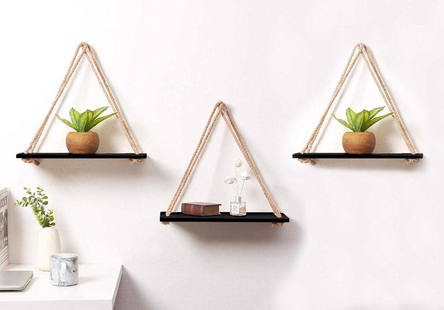 VAH Wall Hanging Shelf, Wood Floating Shelves for Wall Rustic Rope